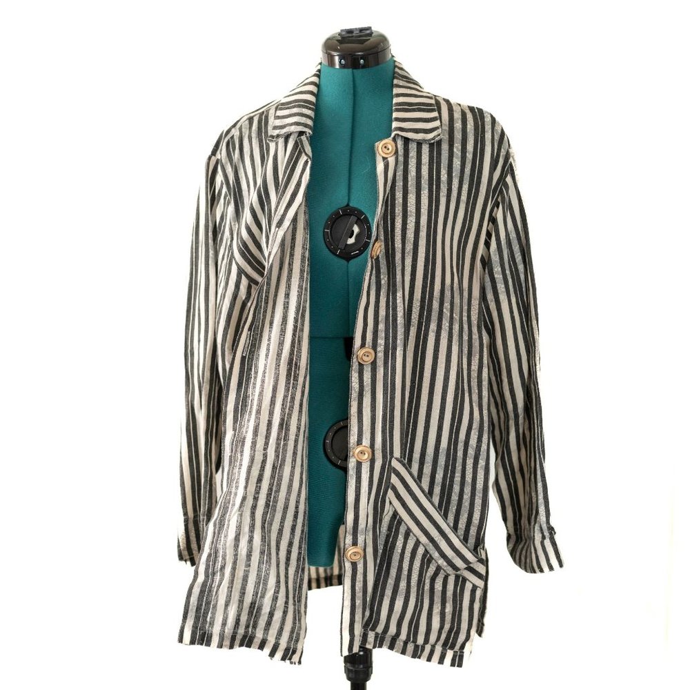 Vintage Treadle Design Room Linen Tunic Jacket Lagenlook Striped Black White Sma